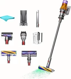 Dyson V12 Detect Slim Absolute Cordless Vacuum Cleaner - Yellow/Iron, HEPA Filter, Up To 60 Min Runtime, LCD Screen Displays, 5 Engineered Accessories, With 5AVE Microfiber Cloth